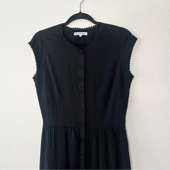 Reformation Black Organic Cotton Button Down Midi Dress Size 8 Whimsigoth Chic - Picture 4 of 10